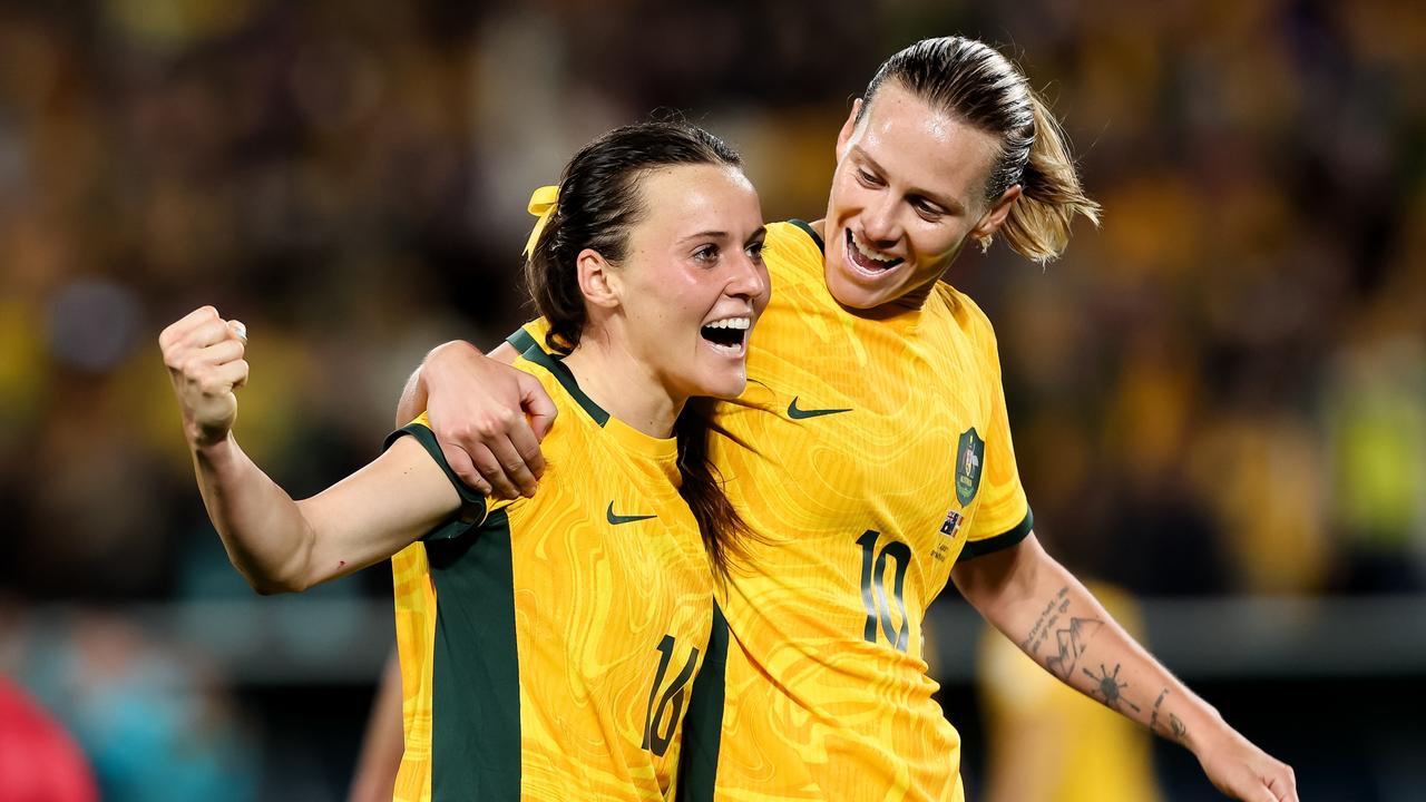 Hayley Raso and Emily van Egmond celebrate during Australia’s victory over Denmark at the Women's World Cup. (Photo by Damian Briggs/Speed Media/Icon Sportswire via Getty Images)