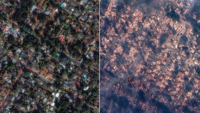 This combination of satellite images shows a before and after view of Altadena, California during the Eaton fire.