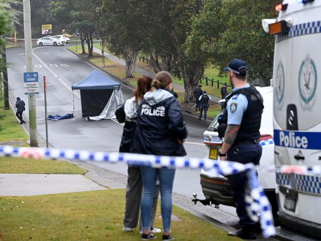 Police establish a crime scene in North Parramatta after a burnt out car was discovered with human remains inside it overnight. Picture: NCA NewsWire / Jeremy Piper