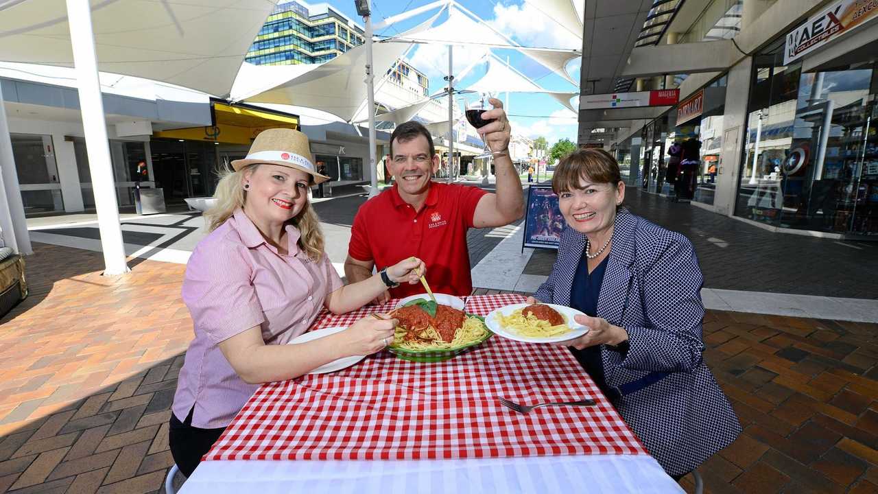 Above: Alli Grant and Tim Krause of Red and White Foundation and Chris Went CEO of St Andrews Hospital Ipswich are hosting the last dining event in the mall before the redevelopment. Picture: David Nielsen