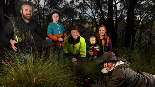 Ben Koch, Sam, 4, Danny Rohrlach (President, Sturt Upper Reaches Landcare Group), Luca, 1, Gemma Opie and Jenny Deans (Volunteer Sturt Upper Reaches Landcare Group). Pictured at Ben and Gemma Opie's Upper Sturt property. Picture: Tricia Watkinson