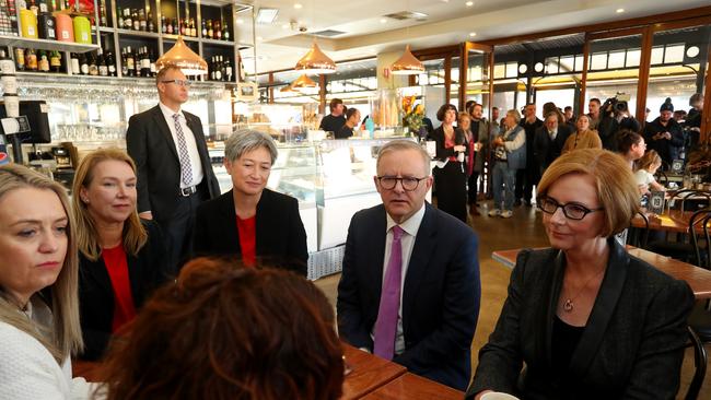 Labor Leader Anthony Albanese and former Australian Prime Minister Julia Gillard at Sfizio Cafe with Senator Penny Wong. Pictures: Lisa Maree Williams/Getty Images)