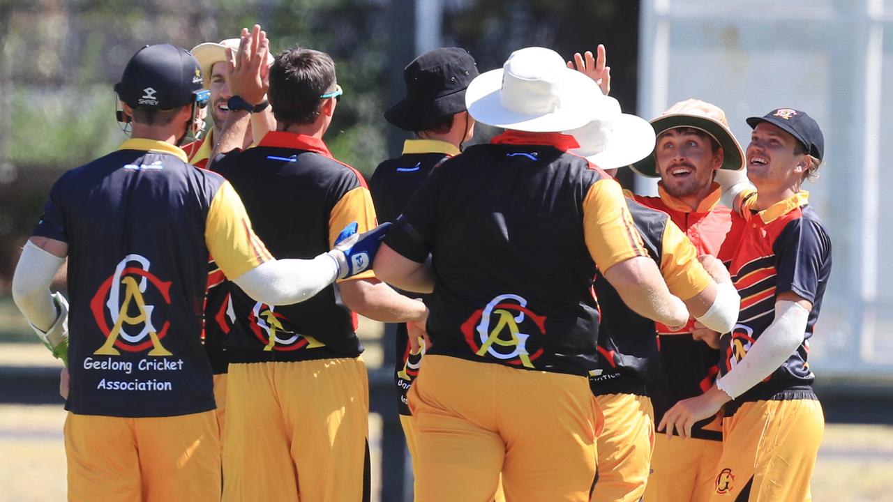 Geelong Cricket Association players celebrate a wicket at last season’s Country Week carnival. Picture: Mark Wilson