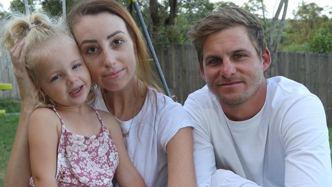 Cancer patient Megy Gough and husband Justin with their three-year-old daughter Harper. Picture: Mike Batterham