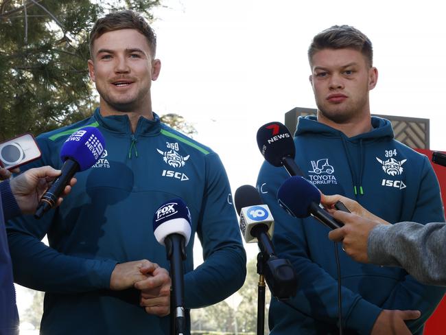 Canberra Raiders players Hudson Young and Morgan Smithies front the media regarding the incident. Picture: Jonathan Ng