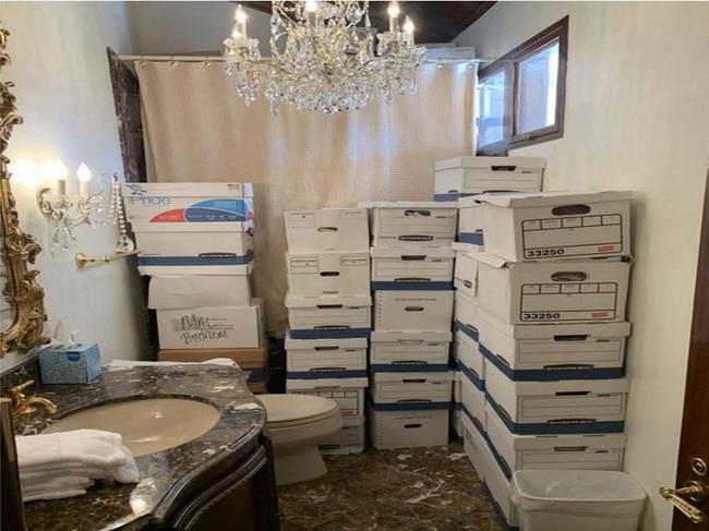 A picture released by the US District Court Southern District of Florida shows stacks of boxes in a bathroom and shower allegedly in the Lake Room at Mar-a-Lago, the former president's private club. Picture: AFP