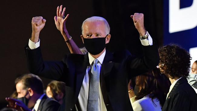 US President-elect Joe Biden gestures in celebration after delivering remarks in Wilmington, Delaware. Picture: AFP