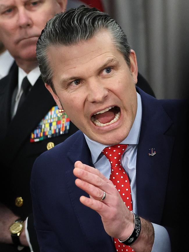 US Secretary of Defense Pete Hegseth delivers remarks to the press during a meeting with UK Defense Secretary John Healey at the Pentagon. Picture: Win McNamee/Getty Images/AFP