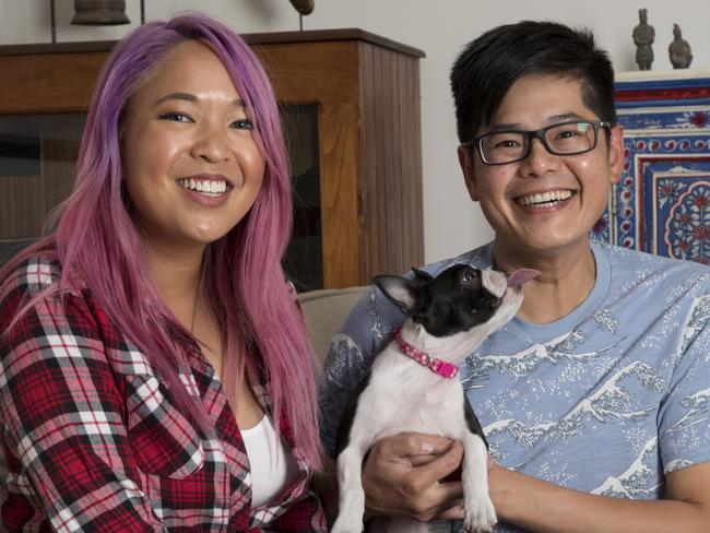 New Gogglebox critics Leanne and Tim (and his Boston terrier puppy, River) in their Melbourne home. Picture: Gina Milicia/Foxtel