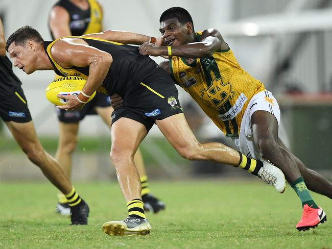 Star St Mary’s junior Maurice Rioli Jr is renowned for his tackling skills as well as his freakish attacking ability. Picture: Felicity Elliott/AFLNT Media