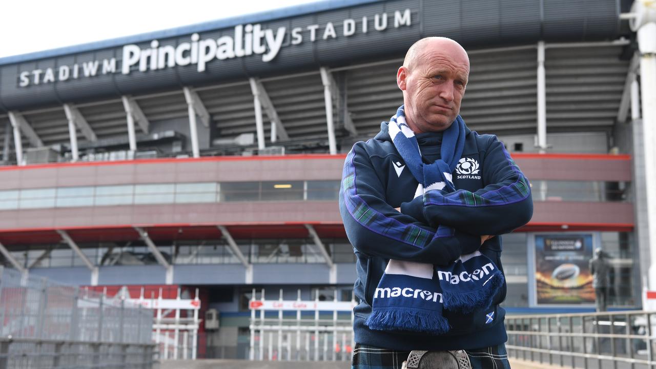 A Scotland fan in a kilt is pictured outside a deserted Principality Stadium after the 2020 Guinness Six Nations match between Wales and Scotland at Principality Stadium was cancelled the day before due to coronavirus on March 14, 2020 in Cardiff, Wales. Picture: Stu Forster/Getty Images