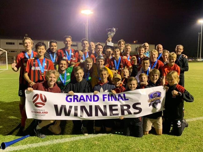 Burleigh Heads celebrate their Gold Coast Premier League grand final win over Surfers Paradise last season.