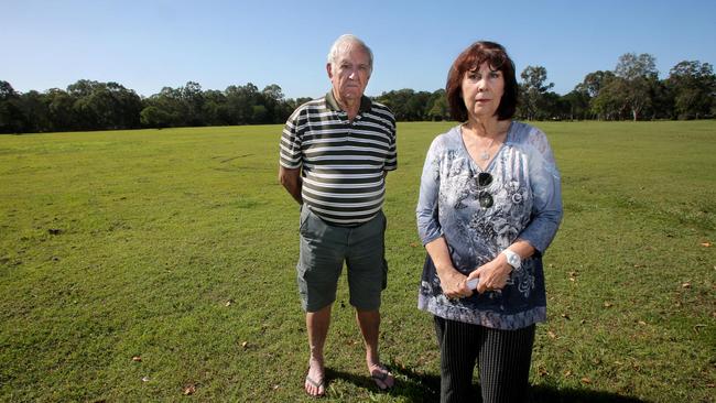 Rothwell residents Brian and Maureen Armiger were not happy council sold the large block of green space at Morris Road, Rothwell in 2017. Picture: Chris Higgins