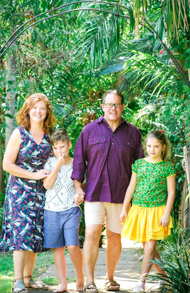 Federal Member for Solomon Luke Gosling with wife Kate and kids Frankie and Sally in suburban Darwin. Picture: Glenn Campbell