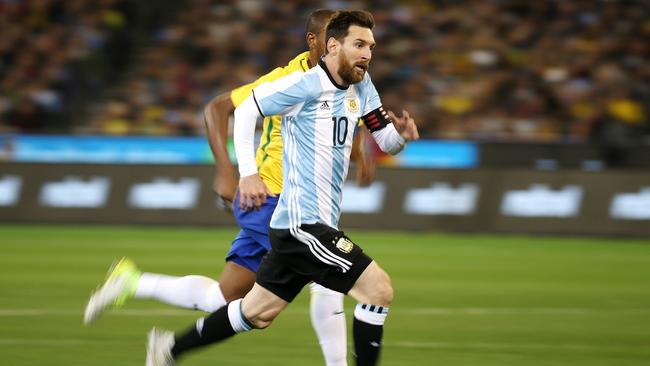 Argentina v Brazil at the M.C.G. ( Melbourne Cricket Ground) 9th June, Melbourne Australia. Lionel Messi of Argentina Picture : George Salpigtidis
