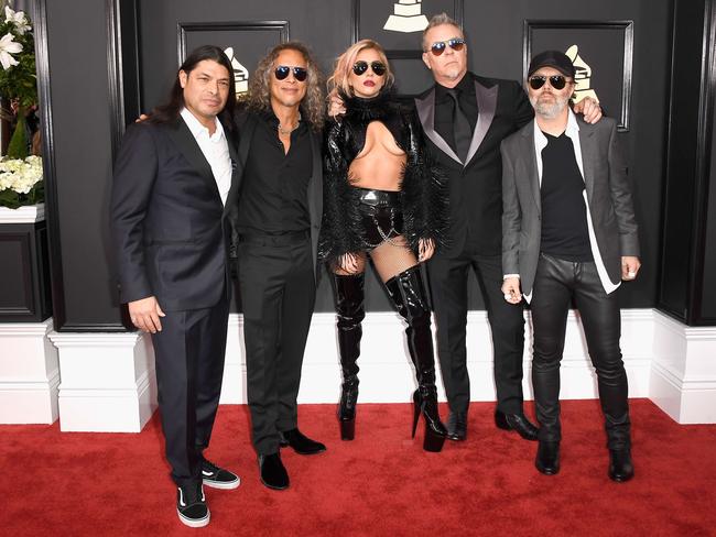 Lady Gaga with Robert Trujillo, Kirk Hammett, James Hetfield, and Lars Ulrich of Metallica attend The 59th GRAMMY Awards at STAPLES Center on February 12, 2017 in Los Angeles, California. Picture: AFP