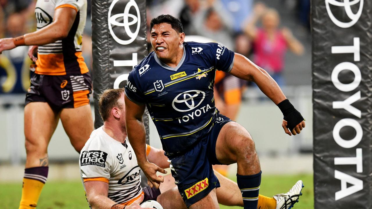 Jason Taumalolo scores . NRL; North Queensland Cowboys Vs Brisbane Broncos at Queensland Country Bank Stadium, Townsville. Picture: Alix Sweeney