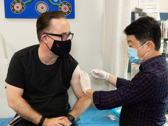 Qantas chief Alan Joyce receiving his Covid AstraZeneca vaccination.