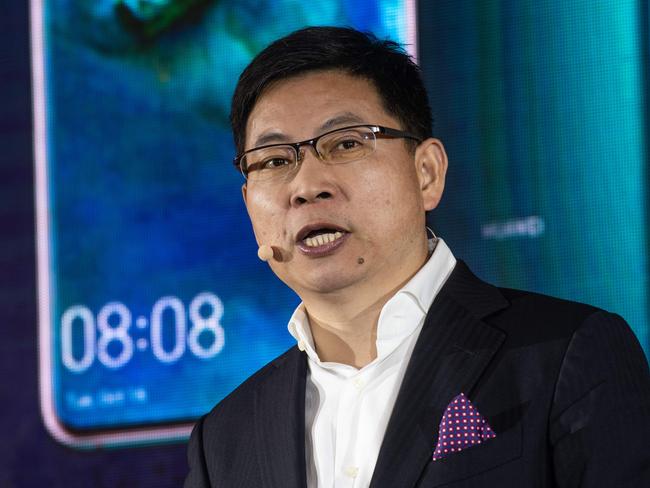 Richard Yu, the CEO of Huawei, speaks at last week’s launch of new  5G Huawei products in Beijing. Picture: AFP 