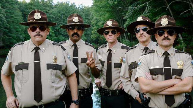 (From L-R): Kevin Heffernan as "Farva," Jay Chandrasekhar as "Thorny," Erik Stolhanske as "Rabbit," Paul Soter as "Foster," and Steve Lemme as "Mac" in the film SUPER TROOPERS 2. Photo by Jon Pack. © 2018 Twentieth Century Fox Film Corporation All Rights Reserved