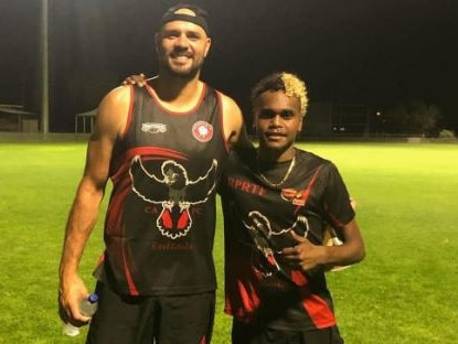 Paddy Ryder, with Tyson Woods, visited Alice Springs to assist the Redtails Pinktails Right Tracks Program. Picture: Redtails Pinktails.