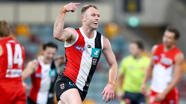 Nick Hind celebrates one of his three goals for the Saints. Picture: AFL Photos/Getty Images