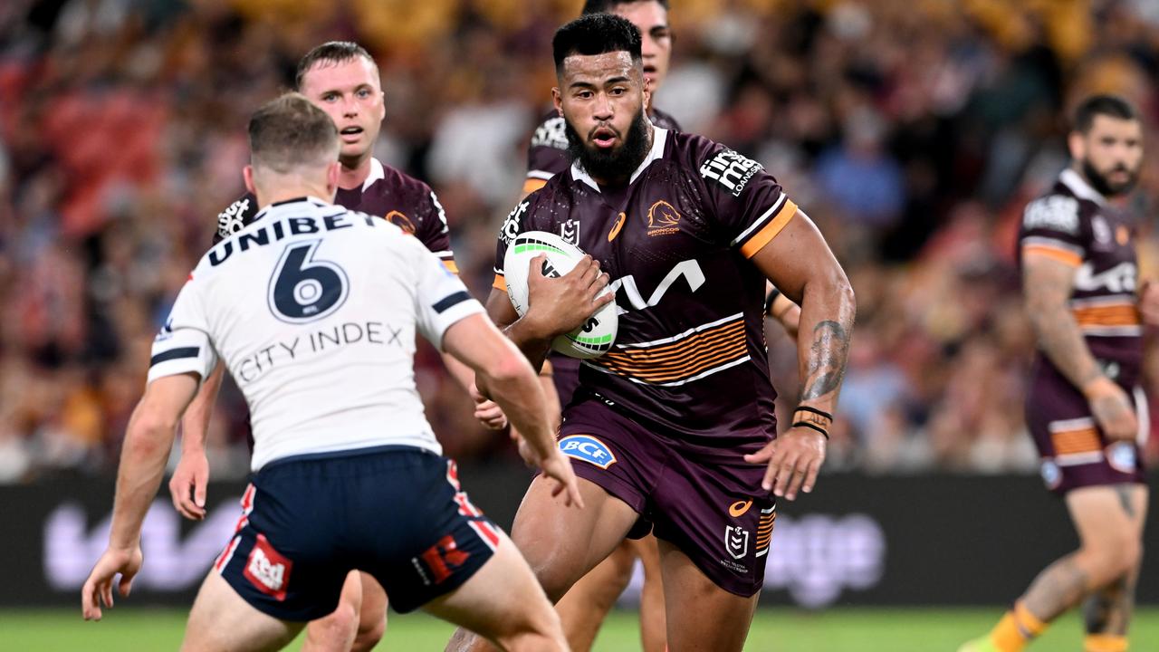 BRISBANE, AUSTRALIA - APRIL 08: Payne Haas of the Broncos takes on the defence during the round five NRL match between the Brisbane Broncos and the Sydney Roosters at Suncorp Stadium, on April 08, 2022, in Brisbane, Australia. (Photo by Bradley Kanaris/Getty Images)