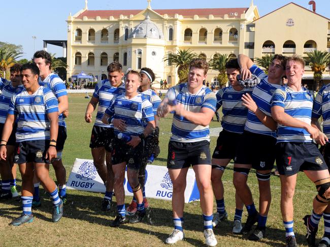 Nudgee College players celebrate after the match. GPS Rugby match with Nudgee College against Churchie at Nudgee College.Saturday September 14, 2019. (AAP image, John Gass)