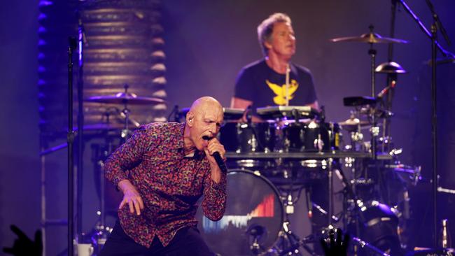 Midnight Oil frontman Peter Garrett and Rob Hirst during a concert in Sydney in October last year. Picture: Don Arnold