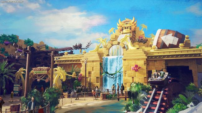 Mine-Cart Madness is a rollercoaster where guests hop in a mine cart and travel through the jungle to help Donkey Kong and Diddy Kong protect the coveted golden banana. Photo: Universal Epic Universe