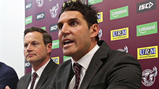 Manly chairman Scott Penn and coach Trent Barrett. File photo