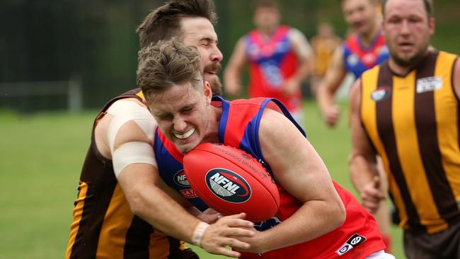 Riley Vincent is tackled by Jack Marris.