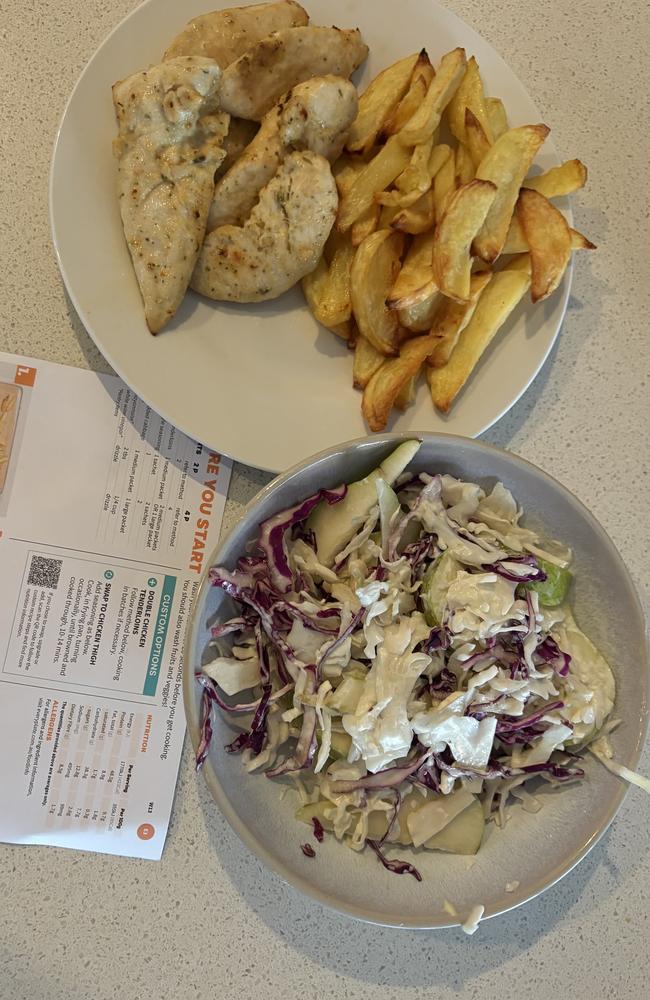 Chicken tendies and fries with creamy slaw from Every Plate.