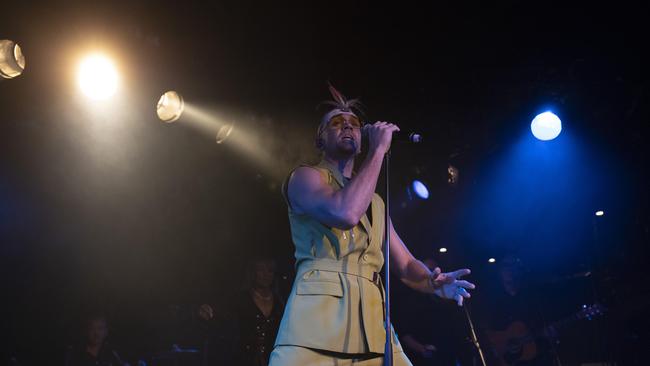 Mitch Tambo singing John Farnham's You’re the Voice with the John Farnham Band for the Uluru Dialogue Yes campaign at the Corner Hotel Melbourne. Picture: Arsineh Houspian / The Australian