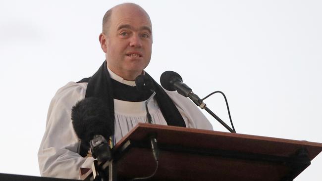 Reverend Richard Humphrey speaks at the Anzac Day dawn service at the Hobart cenotaph. Picture: PATRICK GEE