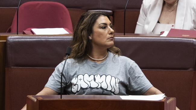 Senator Lidia Thorpe wore a shirt with the slang word ‘gammin’ emblazoned in white across the front. Picture: NCA NewsWire / Martin Ollman