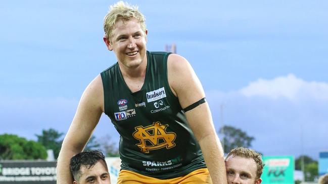 St Mary's ruck Ryan Smith is carried off after his 200th game in the 2022-23 NTFL season. Picture: Celina Whan / AFLNT Media