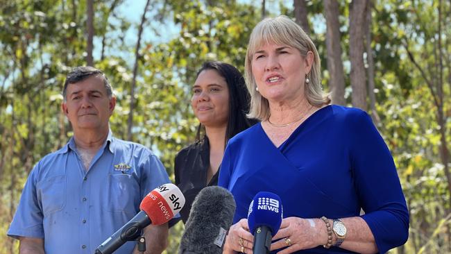 Halkitis Brothers Group director Nick Halkitis, Holtze Land Company director Jessie Risk, and then chief minister Eva Lawler announcing the tender to develop the Greater Holtze area last year. Picture: Fia Walsh.