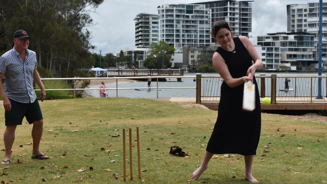 Kaitlyn Mann, Andrew Gregory and Neil McManus playing cricket in Maroochydore for Boxing Day. Picture: Sam Turner