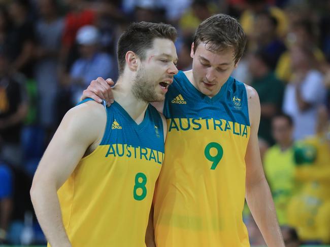 Ryan Broekhoff with fellow Boomers star Matthew Dellavedova during the 2016 Rio Olympics. Picture: Alex Coppel.