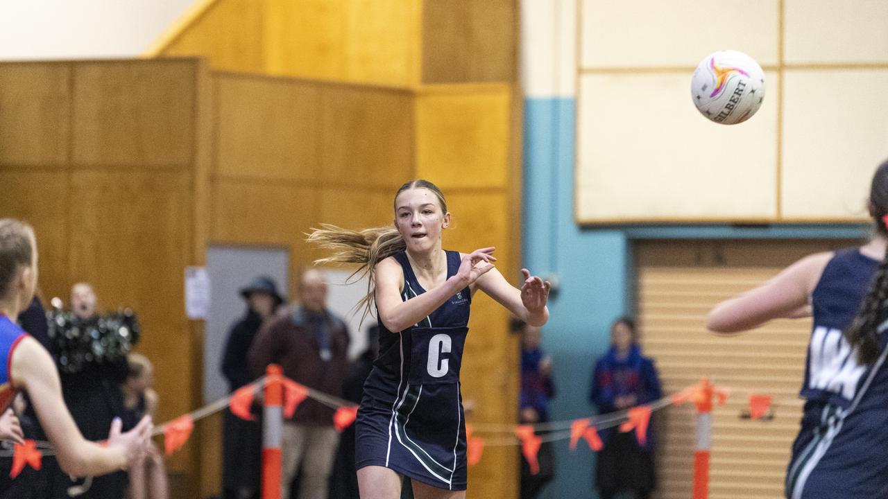 Penny Cavanough of St Ursula's Junior A against Downlands Junior A in Merici-Chevalier Cup netball at Salo Centre, Friday, July 19, 2024. Picture: Kevin Farmer