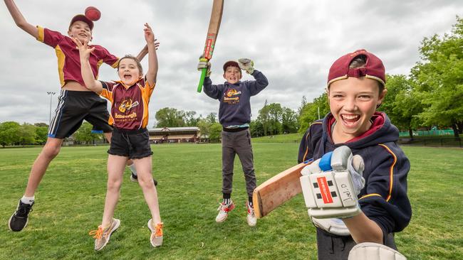 Leroy Hinds, 13, Lola Whiley, 8, Harry Dichiera, 9, Joel Dichiera, 12 celebrate the return to outdoor sport for kids. Picture: Jason Edwards