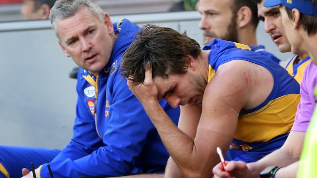 West Coast coach Adam Simpson and Andrew Gaff.