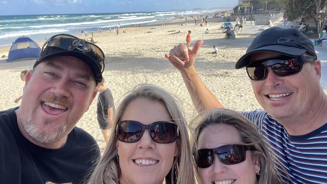 New Zealand tourists Riaan and Elmarie Steenberg with Marle and Edward Swart celebrating the New Year at the Gold Coast before their holiday turned into a nightmare in the Sea World helicopter disaster. Picture: Supplied.