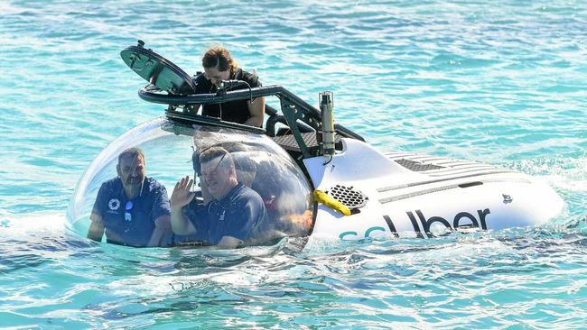 Chief Scientist GBRMPA Dr David Wachenfeld and CEO of Citizens of the Great Barrier Reef Andy Ridley were the first people to experience scUber on it's maiden voyage. Picture: Matt Taylor GLA230519SCUBER