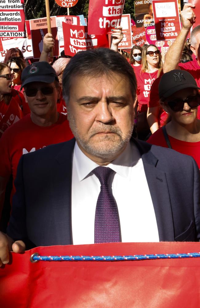 NSW Teachers Federation president Angelo Gavrielatos leading Wednesday’s rally. Picture: Jenny Evans/Getty Images