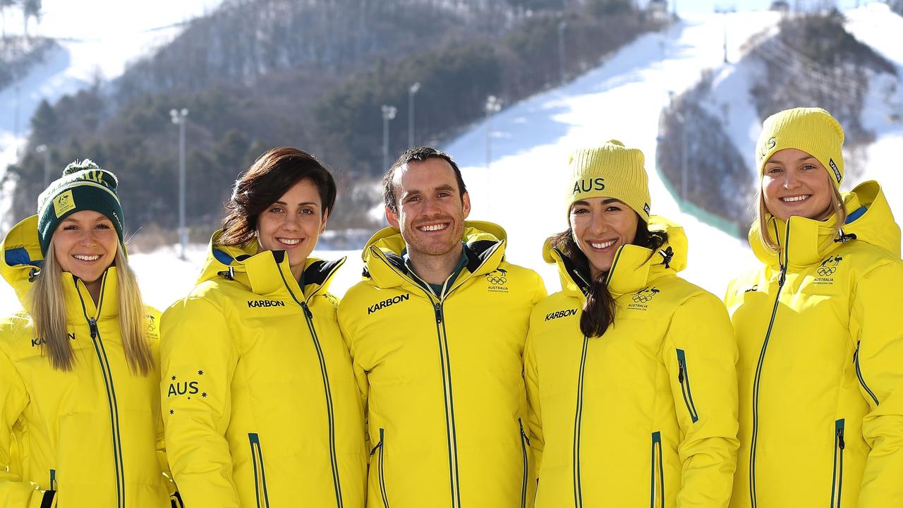 Australian Aerial Skiers (L-R) Danielle Scott, Laura Peel, David Morris, Lydia Lassila and Sam Wellsat the 2018 Winter Olympic Games.