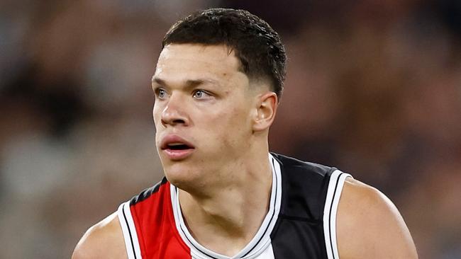 MELBOURNE, AUSTRALIA - MARCH 21: Marcus Windhager of the Saints in action during the 2024 AFL Round 02 match between the St Kilda Saints and the Collingwood Magpies at the Melbourne Cricket Ground on March 21, 2024 in Melbourne, Australia. (Photo by Michael Willson/AFL Photos via Getty Images)