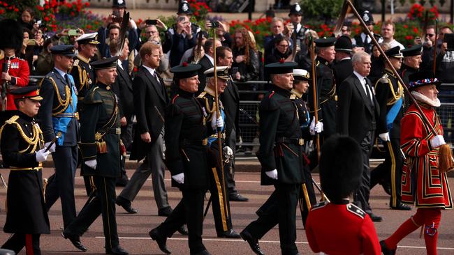 Members of the Royal Family in the march as part of the Queen’s funeral. Picture: Getty Images