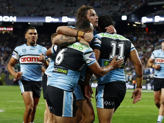 DAILY TELEGRAPH MARCH 1. Nicho Hynes celebrating with Braydon Trindall after his try during the NRL Round 1 game between Penrith Panthers and Cronulla Sharks at Allegiant Stadium in Las Vegas. Picture: Jonathan Ng